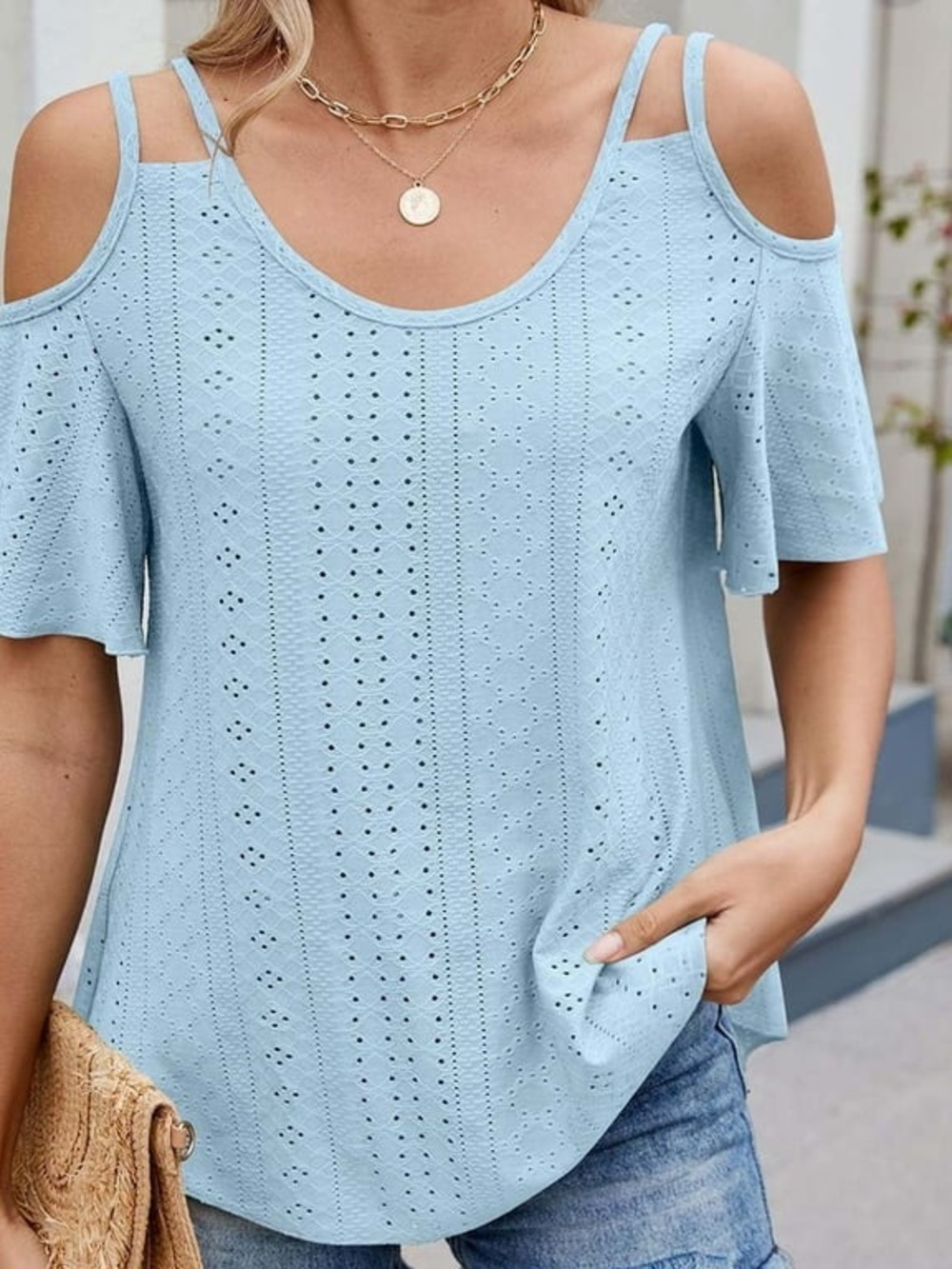 Light Blue Cold-Shoulder Eyelet Top NWOT